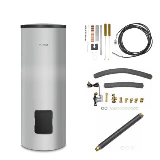 Buderus Speicherpaket M SH300, silber, Warmwasserspeicher SH300 RS-B, Rohrgruppe BCC27-HE, Verlängerungs-Set, Speicherfühler-Set