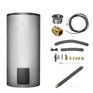 Buderus Speicherpaket M SH290, silber, Warmwasserspeicher SH290 RS-B, Rohrgruppe BCC27-HE, Verlängerungs-Set, Speicheranschluss-Set, Zubehör