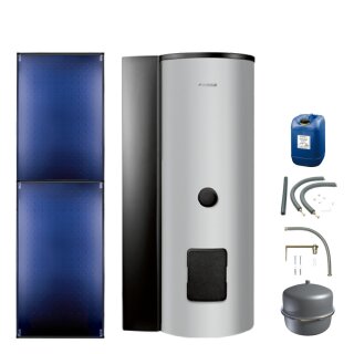 Buderus Solar-Paket Logaplus S110 für Trinkwasser 5,1 m² silber, 2x Flachkollektor SKT1.0 senkrecht, Edelstahl WW-Speicher ESMS300 mit integr. Solarstation KS0105T SM100 mit Solarmodul, Solar Fluid, Anschluss-Set, Montage-Set Pfanne/Ziegel - 7739606223