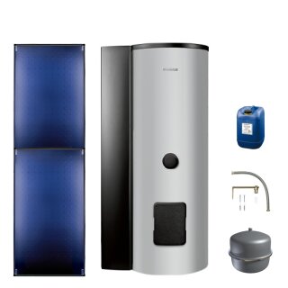 Buderus Solar-Paket Logaplus S110 für Trinkwasser 5,1 m² silber, 2x Flachkollektor SKT1.0 senkrecht, Edelstahl WW-Speicher ESMS300 mit integr. Solarstation KS0105T SM100, Solar Fluid - 7739606225