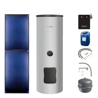 Buderus Solar-Paket Logaplus S104 für Trinkwasser 5,1 m² silber, 2x Flachkollektor SKT1.0 senkrecht, Edelstahl WW-Speicher ESM300, Solarstation KS0110 SM100/2 mit integr. Solarmodul, Solar Fluid, Anschluss-Set, Montage-Set Pfanne/Ziegel - 7739606238
