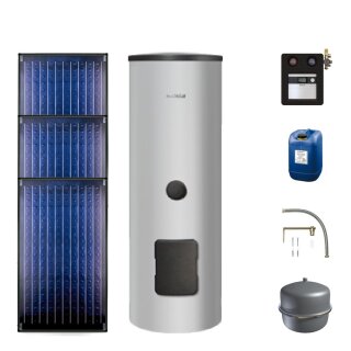 Buderus Solar-Paket Logaplus S105 für Trinkwasser 7,11 m² silber, 3x Flachkollektor SKN4.0 senkrecht, Edelstahl WW-Speicher ESM300, Solarstation KS0110 SC20/2, Solar Fluid - 7739606290