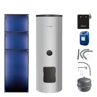 Buderus Solar-Paket Logaplus S86 für Trinkwasser 7,65 m² silber, 3x Flachkollektor SKT1.0 senkrecht, WW-Speicher SM400-B, Solarstation KS0110 SM100/2 mit integr. Solarmodul, Solar Fluid, Anschluss-Set, Montage-Set Pfanne/Ziegel - 7739618399