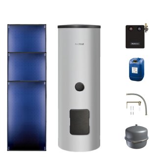 Buderus Solar-Paket Logaplus S86 für Trinkwasser 7,65 m² silber, 3x Flachkollektor SKT1.0 senkrecht, WW-Speicher SM400-B, Solarstation KS0110 SM100/2 mit integr. Solarmodul, Solar Fluid - 7739618400