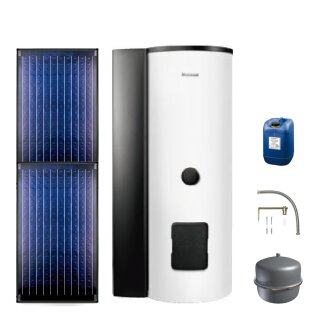 Buderus Solar-Paket Logaplus S70 für Trinkwasser 4,74 m² weiß, 2x Flachkollektor SKN4.0 senkrecht, WW-Speicher SMS310 mit integr. Solarstation KS0105T SM100, Solar Fluid - 7739618389