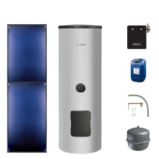 Buderus Solar-Paket Logaplus S86 für Trinkwasser 5,1 m² silber, 2x Flachkollektor SKT1.0 senkrecht, WW-Speicher SM310, Solarstation KS0110 SM100/2 mit integr. Solarmodul, Solar Fluid - 7739618398