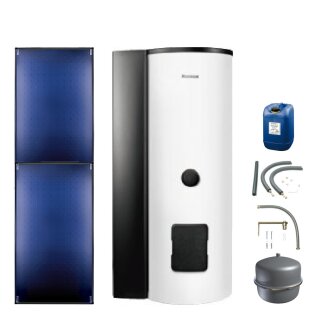 Buderus Solar-Paket Logaplus S88 für Trinkwasser 5,1 m² weiß, 2x Flachkollektor SKT1.0 senkrecht, WW-Speicher SMS310 mit integr. Solarstation KS0105T SM100 mit Solarmodul, Solar Fluid, Anschluss-Set, Montage-Set Pfanne/Ziegel - 7739618401