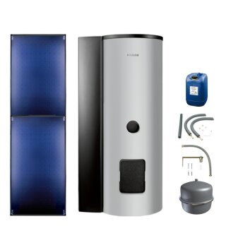 Buderus Solar-Paket Logaplus S88 für Trinkwasser 5,1 m² silber, 2x Flachkollektor SKT1.0 senkrecht, WW-Speicher SMS310 mit integr. Solarstation KS0105T SM100 mit Solarmodul, Solar Fluid, Anschluss-Set, Montage-Set Pfanne/Ziegel - 7739618402