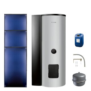Buderus Solar-Paket Logaplus S88 für Trinkwasser 7,65 m² silber, 3x Flachkollektor SKT1.0 senkrecht, WW-Speicher SMS400-B mit integr. Solarstation KS0105T SM100 mit Solarmodul, Solar Fluid - 7739618406