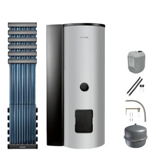 Buderus Solar-Paket Logaplus S73 für Trinkwasser 6,1 m² silber, 5x Vakuumröhrenkollektor SKR10 CPC, WW-Speicher SMS400-B mit integr. Solarstation KS0105T SM100 mit Solarmodul, Solar Fluid, Anschluss-Set, Montage-Set Pfanne/Ziegel - 7739618409