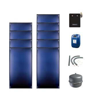Buderus Solar-Paket Logaplus S98 für Trinkwasser / Trinkwasser u. Heizung 22,95 m², 9x Flachkollektor SKT1.0 senkrecht, Solarstation KS0110/2 HE mit Hocheffizienzpumpe, Solar Fluid, Anschluss-Set, Montage-Set Pfanne/Ziegel - 7739619802